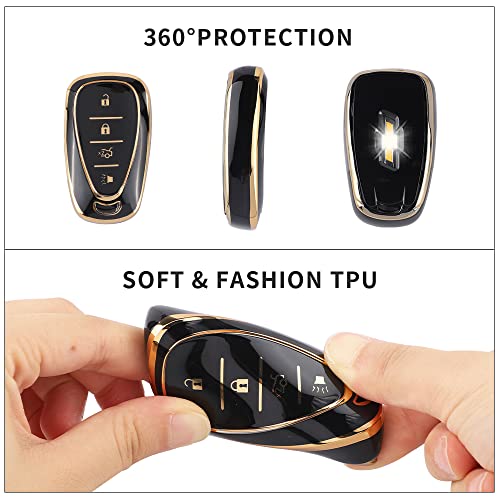Carfib Key Fob Cover For Chevy Chevrolet Accessories Blazer Bolt Ev Equinox Malibu Camaro Spark Trailblazer Traverse 2022 2021 2020 2019 Key Case Holder Car Remote Key Chain Ring Women Tpu Black Gold #TOP2