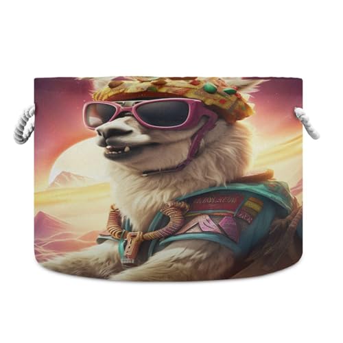 Round Space Llama Sunglasses Storage Basket Large Organizer Bin Laundry Hamper Toy Storage Basket with Handle for Nursery Clothes Toys 202b5161