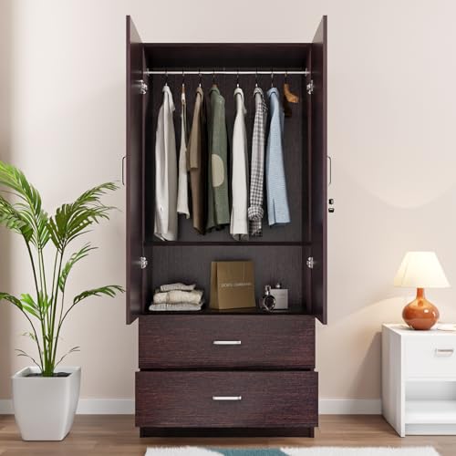 Image of VIKI Wardrobe | Tulum Wardrobe | Wooden Almirah for 2 Door Wardrobe with 2 Drawer & Hanging Space (Dark Wenge - 40D x 80W x 180.8H) | 1 Year Warranty | Free Assembly