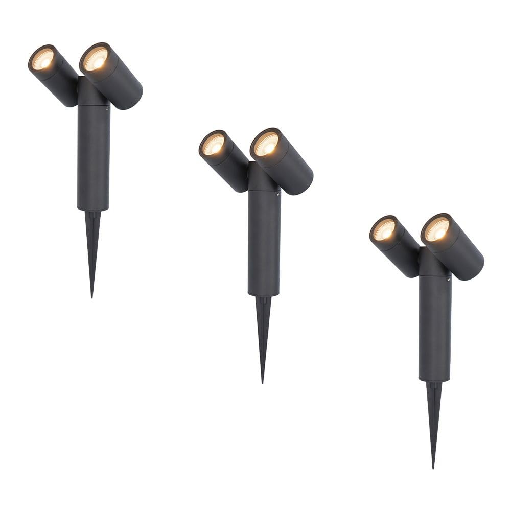 HOFTRONIC - 3 faretti da giardino a doppio LED Pinero con picchetto – GU10 orientabile a 317° – dimmerabile – 2700 K bianco caldo – Faretto da terra per alberi, arbusti, stagni e piante