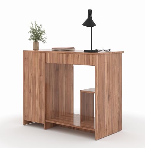 Image of 45x90x76CM Engineered Wood Study & Office Table with Drawer, Cabinet Storage & Keyboard Tray | Sturdy, Foldable DIY Multipurpose Table- Lyon Walnut with Grey