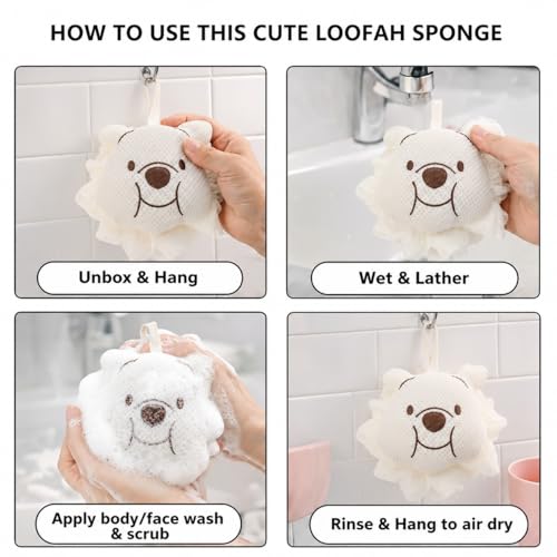 Image of Luxe Home International Bath Sponge For Kids And Adult Microfibre Soft Shower Loofah Panda Pattern Gentle Skin Exfoliating Body Scrubber For Toddler Cream 10x12cm Pack Of 1