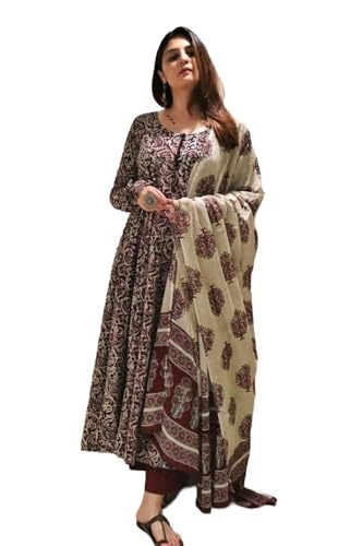 Image of Nermosa Women Printed Anarkali Kurta and Pant Set with Dupatta | Printed Kurta Set | Cotton Suit | Women Kurta Sets |