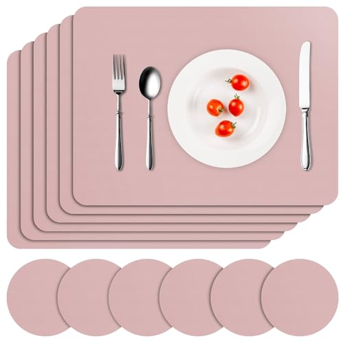 APLKER Tischset Leder 6er Set - Kunstleder Platzset Abwaschbar, Hitzebest&auml;ndig Doppelseitigen Wasserdicht Platzdeckchen Lederoptik mit Tischuntersetzer rutschfest, 16 x 12 Zoll (Rosa)