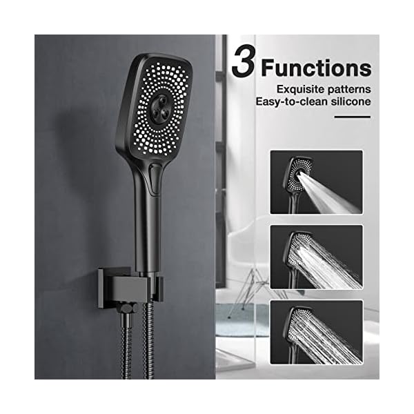 Black shower faucet set stainless steel 10in rainfall shower head with handheld 3 functions shower system brass pressure balance shower valve  urban country home decor