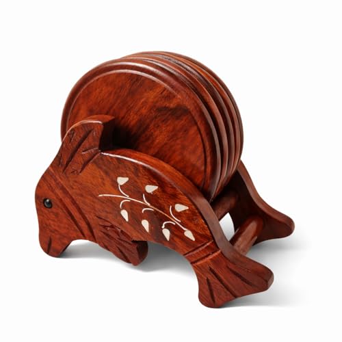 Image of Pebble Crafts Wooden Handmade Fish Shaped Set of 6 with Decorative Holder Tabletop Coasters for Tea Coffee Cups Mugs Beer Cans Bar Glass Indian Handicrafts