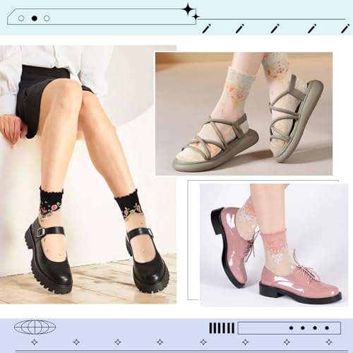 6 Pairs Women Summer Socks Mesh & Lace Ankle Socks - Transparent Floral & Fishnet Designs2