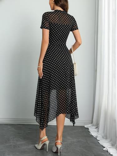 Image of GothDark Women Summer Wedding Guest Floral Mesh Irregular Hem Midi Dress | A-Line, Short Sleeve, Sheer Mesh Overlay, Elegant Vintage Dresses For Party, Semi Formal, Vacation, Dinner, Church