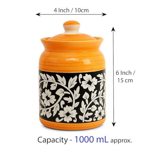 Image of Handcrafted Ceramic Jar with Lid 1000 mL | Traditional HandPainted Kitchen Storage Container | Pickle, Spice, Sugar, Tea, Coffee Canister | Pottery Home & Gift (Set of 1) (Full Floral Yellow Black)