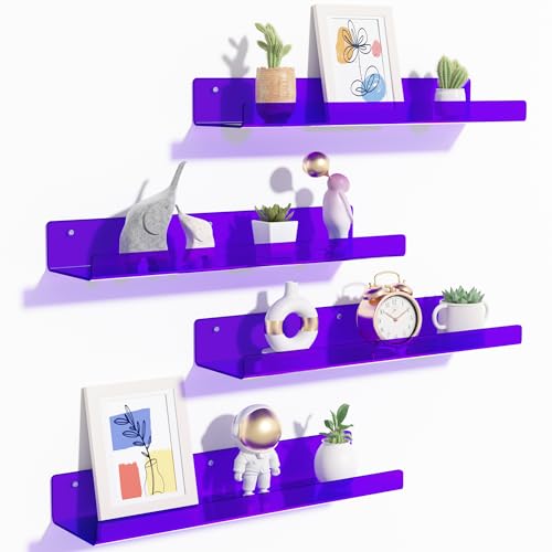 upsimples Acrylic Shelves for Wall Decor, 15' Display Shelf Perfume Organizer for Bathroom, Bedroom, Living Room, Floating Bookshelves for Kids, Clear Purple, 4 Pack