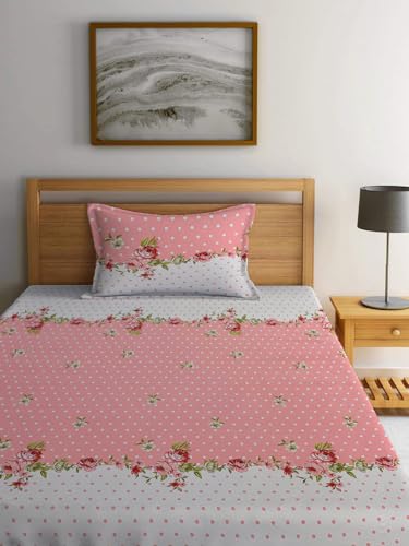 Image of LOOMLYFE 300 TC Cotton Feel Glace Elastic Fitted Printed Single Bed Bedsheet with 1 Pillow Cover Fits Upto 6 Inches Mattress,Size- 42X75X8 Inches, Pink Center Flower