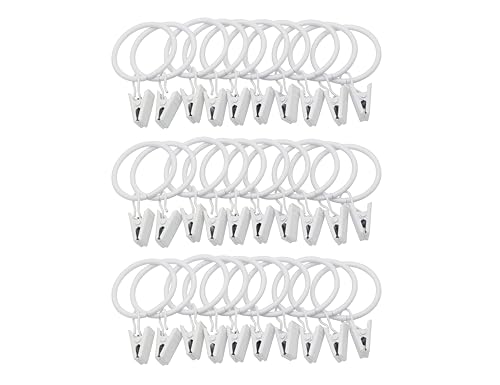 LBY 30 Pack Curtain Rings with Clips 33mm(1.3) Interior Diameter Metal Curtain Rings for Hanging Drapery Drapes Bows White