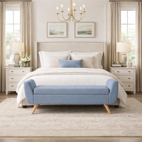 Image of HomePop 60 inch Modern Storage Bench with Wood Legs - French Blue Woven