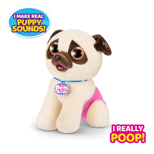 Pets Alive Pooping Puppies von ZURU, Mops, echter Haustier-Hundewelpe, Spiel-Kuscheltier, entwicklungsförderndes Plüsch, Farbwechsel-Auspacken, interaktiver elektronischer Haustier-Welpe (Mops)