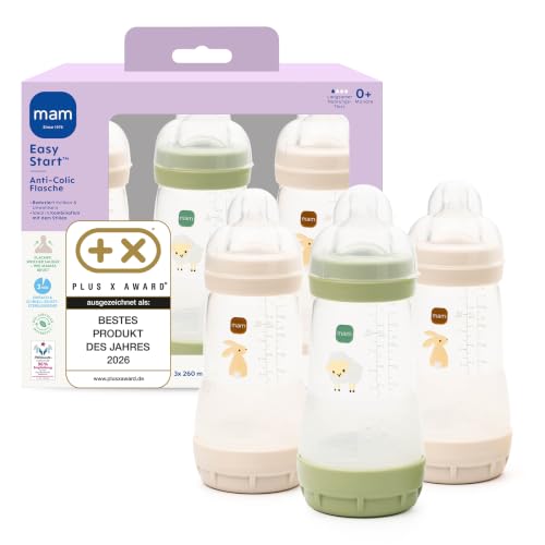 MAM Easy Start Anti-Colic Babyflasche 3x 260 ml, 0+ Monate, Gr. 1, Hase