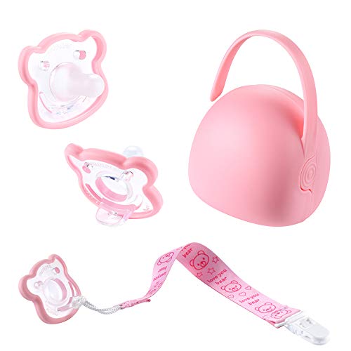 Baby Pacifiers Newborn, 4 Piece Set - 2pk 100% Silicone Pacifiers for Infants 0-6 Months - Pacifier Holder Case - Pacifier Clip - Ideal for Complete Baby Soother Binky Gift Set, Pink