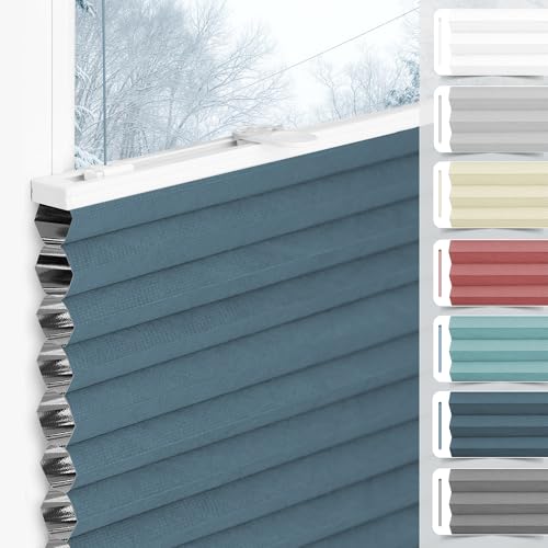 bobodeco Wabenplissee Plissee ohne Bohren Verdunkelung Klemmfix Thermo Verdunklungsplissee, Blau-Weiß 80x110 cm(BxH), 100% Verdunkelnd & Sicht- & Schallschutz, Wärmeisolierung für Fenster & Tür