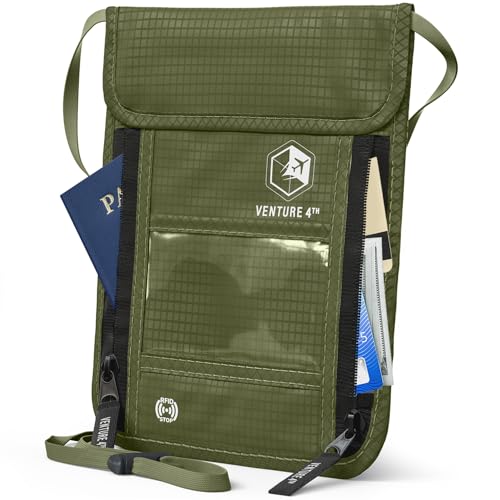 VENTURE 4TH Neck Wallet for Women & Men – RFID Blocking Passport Holder for Travel, Hidden Neck Pouch with 6 Compartments, Slim Lightweight Travel Organizer with Adjustable Strap (Green)