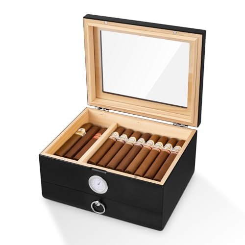 Humidor para puros, caja de madera de cedro español, humidor de escritorio con tapa de vidrio, regalos de puros para hombres, estuche de cedro para puros con higrómetro digital y cajón para accesorios