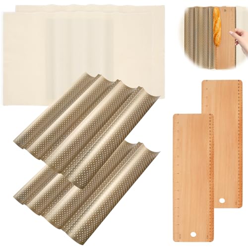 VAVPUP Juego de 2 sartenes francesas con tabla de transferencia de madera, paño de fermentación, antiadherente, bandeja de resistencia al calor, juego de sartenes perforadas para pan francés