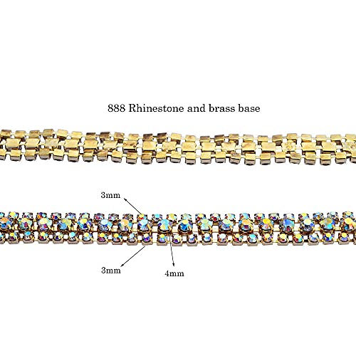 3 Rows Crystal Rhinestone Close Chain Trimming Claw Chain,Crystal Bead Chain For Sewing Craft Diy Jewelry Wedding Decor (Ab Color Rhinestone With Gold Base, 3 Yard X 0.47 Inch) #TOP3