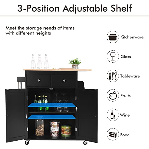 Costway Kitchen Island On Wheels, Utility Trolley Cart With Adjustable Shelf, 2 Drawers, 3-Tier Spice Rack, Towel Rack, 2-Door Cabinet, Rubber Wood Countertop, Lockable Casters For Dining Room (Black) #TOP3
