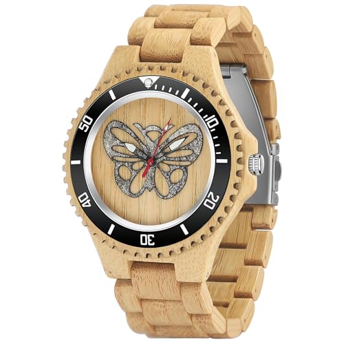 Montre en bois homme Tiong avec cadran papillon argenté et bracelet réglable chic