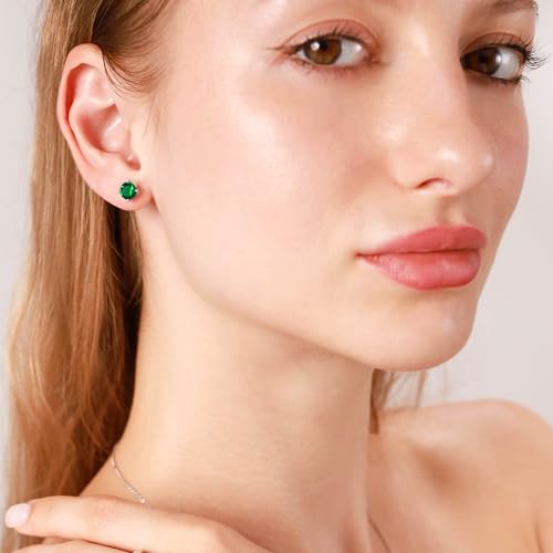 Silvershake 6MM Round Shape Birthstone Gemstones White Gold Plated or Yellow Gold Plated 925 Sterling Silver Business Attire Minimalist Stud Earrings for Women or Teens2