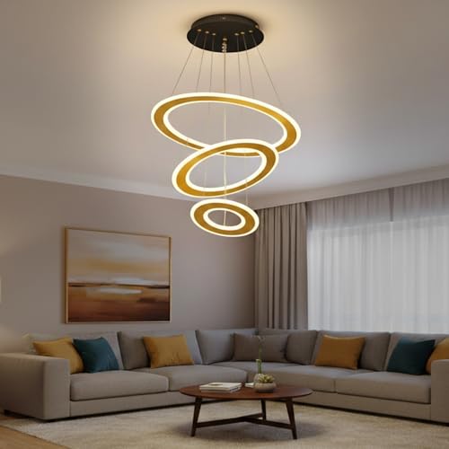 Image of Lamp master Modern 3 Ring LED Pendant Ceiling Light | Gold Finish Ring Chandelier with Warm White Glow | Adjustable Hanging Light for Living Room, Hall, Dining, Lobby | 1 Year Warranty