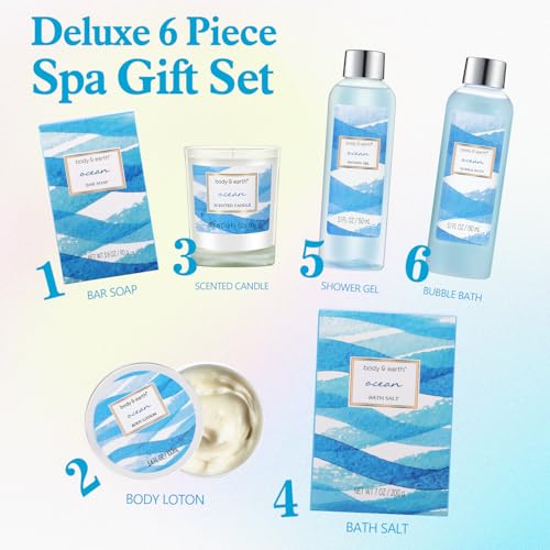 Bath and Body Gift Set for Women, Body & Earth Ocean Gift Basket, 7 Pcs Bath Sets for Women Gift with Bubble Bath, Body Lotion, Scented Candle, Spa Kit for Women, Christmas Gifts for Mom