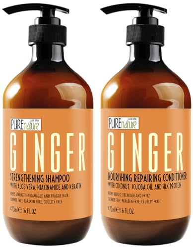 Image of Ginger Shampoo and Conditioner Set - Sulfate Free, Zero Paraben Blend - Scalp Stimulating Treatment - Anti Itch, Volumizing, Salon Strengthening - Repair Hair for Women and Men - 16 Fl Oz (Set of 2)