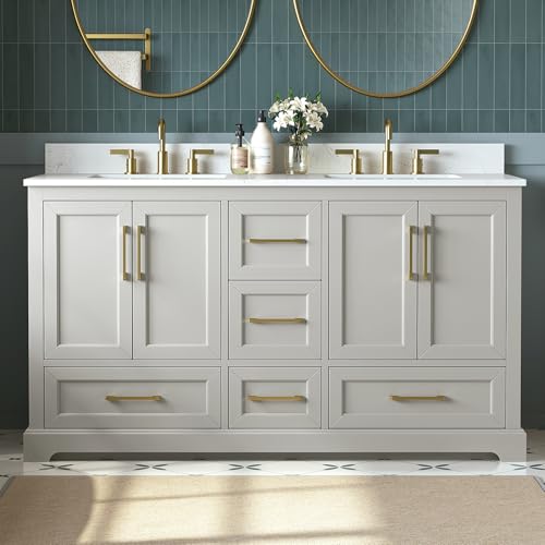 DELUXE LIVING 60 Inch Bathroom Vanity with Double Sink Combo, Solid Wood Frame with Mable Top &Backspalsh, Fully-Assembled with Soft-Closing Doors & 5 Drawers, Greige
