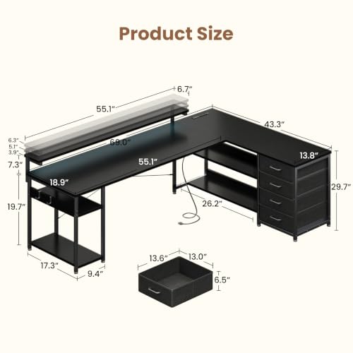 Image of AODK 69 inch L Shaped Computer Desk with 4 Drawers, LED Lights, Black