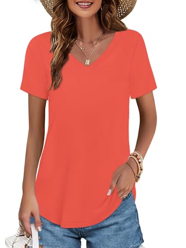 Image of Elesomo Womens T Shirts V Neck Summer Short /Long Sleeve Cotton Tops Tees