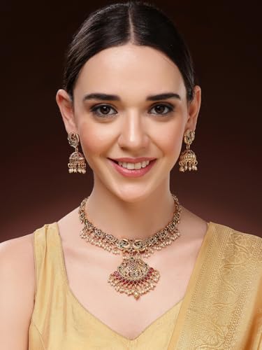 Image of Shining Diva Fashion Stylish Fancy Pearl Choker Traditional Jewellery Set for Women | Temple Necklace Set | Festive Wedding Party Necklace | 22k Gold Plated | Just Like Original Gold Jewellery