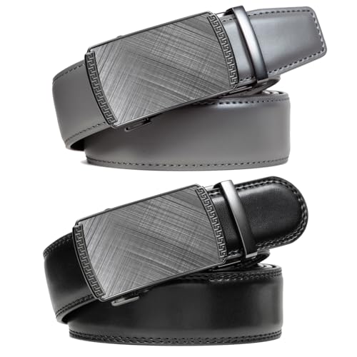 Image of Founders & C Mens Belt 2 Pack,Leather Ratchet Click Belt Dress with Slide Buckle 1 3 /8 inch in Gift Set Box- Size Adjustable