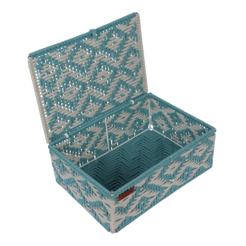 Image of Kaahira Handmade Decorative Storage Box and Organiser | Macrame Gift Hamper Box for Cosmetics, Toiletries & Return Gifts | Aesthetic Rope Woven Organizer (Sky Blue and White, Small - 9x6x4)