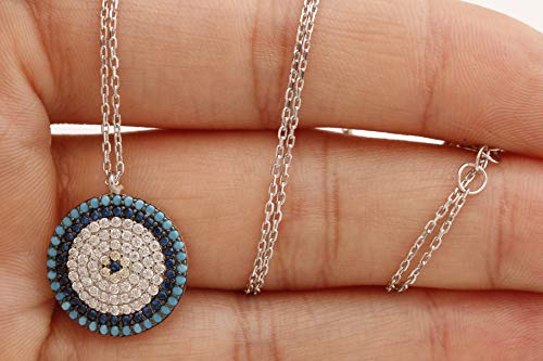 Special Design! Turkish Evil Eye Handmade Jewelry Round Cut Turquoise Sapphire White Topaz 925 Sterling Silver Rhodium Necklace3