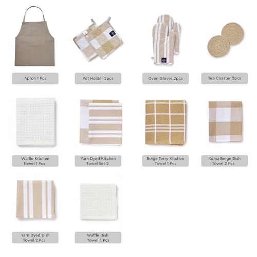 Image of Encasa XO Kitchen Towels and Dishcloths Sets | 21 Pcs Apartment Essentials Set | Oven Mitts and Pot Holders with Hanging Loop | Cooking Apron, Dish Cloth, Flour Sack and Coasters Beige Combo