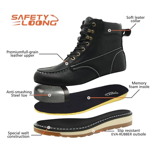Image of Moc Toe Work Boots for Men Waterproof Soft /Steel Toe Comfortable Full Grain Leather Non Slip Wedge Outsole Construction 6 inch Workboots