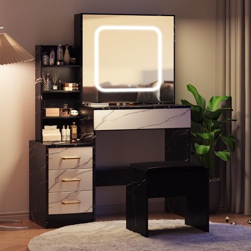 Vanity Desk with Sliding Mirror and Lights, Makeup Vanity Set with 4 Drawers, Stool, Power Outlet, Open Shelves, 3 Color Adjustable Light Modes, Makeup Dressing Table for Bedroom, Marble-Black & White