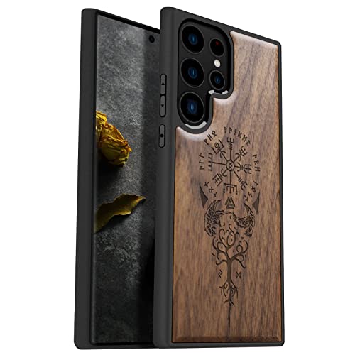 Image of Carveit Wood Case for Galaxy S23 Ultra Case [Natural Wood & Black Soft TPU] Shockproof Protective Cover Unique & Classy Wooden Design Compatible with Samsung S23 Ultra (Viking Compass-Walnut)