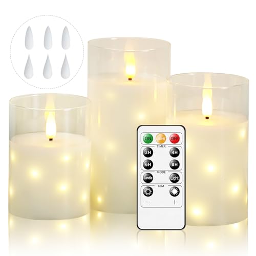 Cnulenzt Glas Flammenlose LED Kerzen, Batteriebetriebene mit eingebetteter Sternschnur-Lichterkette, led kerzen Mit Fernbedienung und Timer, Hochzeit, Home Decor, 3er-Set(weiß)