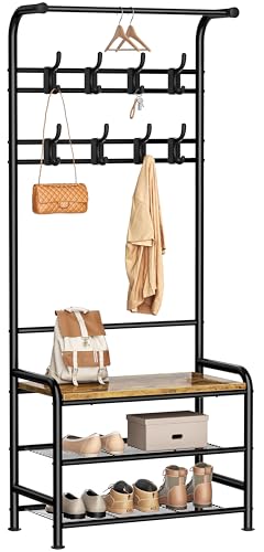 HOMIDEC Coat Stand, 182cm Coat Rack with Shoe Bench Removable Hooks Hanging Rail, Coat and Shoe Rack for Hallway Entryway Small Space, Rustic Brown
