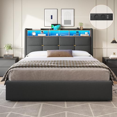 DICTAC Polsterbett 160x200 mit Bettkasten,LED Beleuchtung und Steckdosen Doppelbett 160x200cm mit Hydraulisch Stauraum,Kopfteil und USB-Anschlüssen Leinen bettgestell 160x200 mit Lattenrost,Dunkelgrau