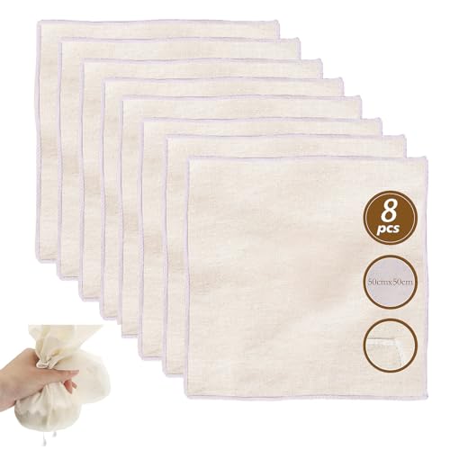 8 pièces Étamine Alimentaire 50x50cm Tissu Ourlé Mousseline Alimentaire, Lavable Réutilisable Grade 100 Toile en Coton Pur Non Blanchi, Passoire pour Filtrer Fromage Beurre Jus Lait de Noix