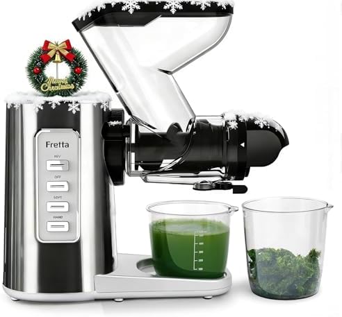 Fretta Cold Press Juicer, Slow Masticating Juicer Machines with 3‘’ Wide Feed Chute, Easy Clean Juice Extractor, 200W Powerful Motor, High Juice Yield, BPA Free, Durable Stainless Steel Housing