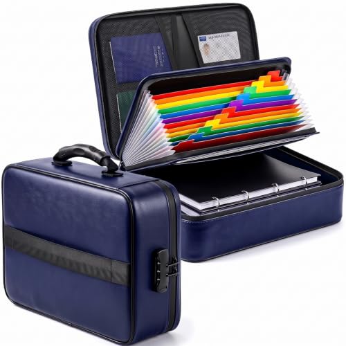 DOXLMP Fireproof Document Box With Lock, 16 Pocket Hard Shell File Organizer （Blue）
