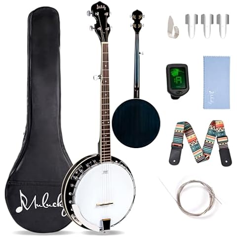 Mulucky 5 String Banjo - Full Size with 24 Brackets, Closed Back, Mahogany with Remo Head, Geared 5th Tuner, Gift Package with Beginner Kit - MB1103, Blue Cover