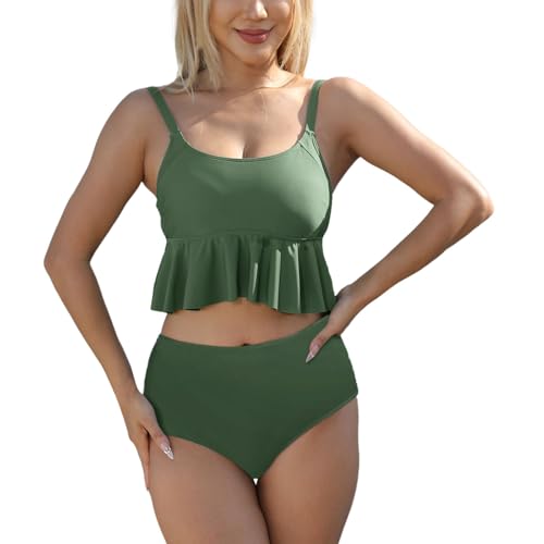 Conjunto de bikini para mujer con top con volantes y medias florales de moda 2025 para vacaciones de playa y piscina, verde, XXL